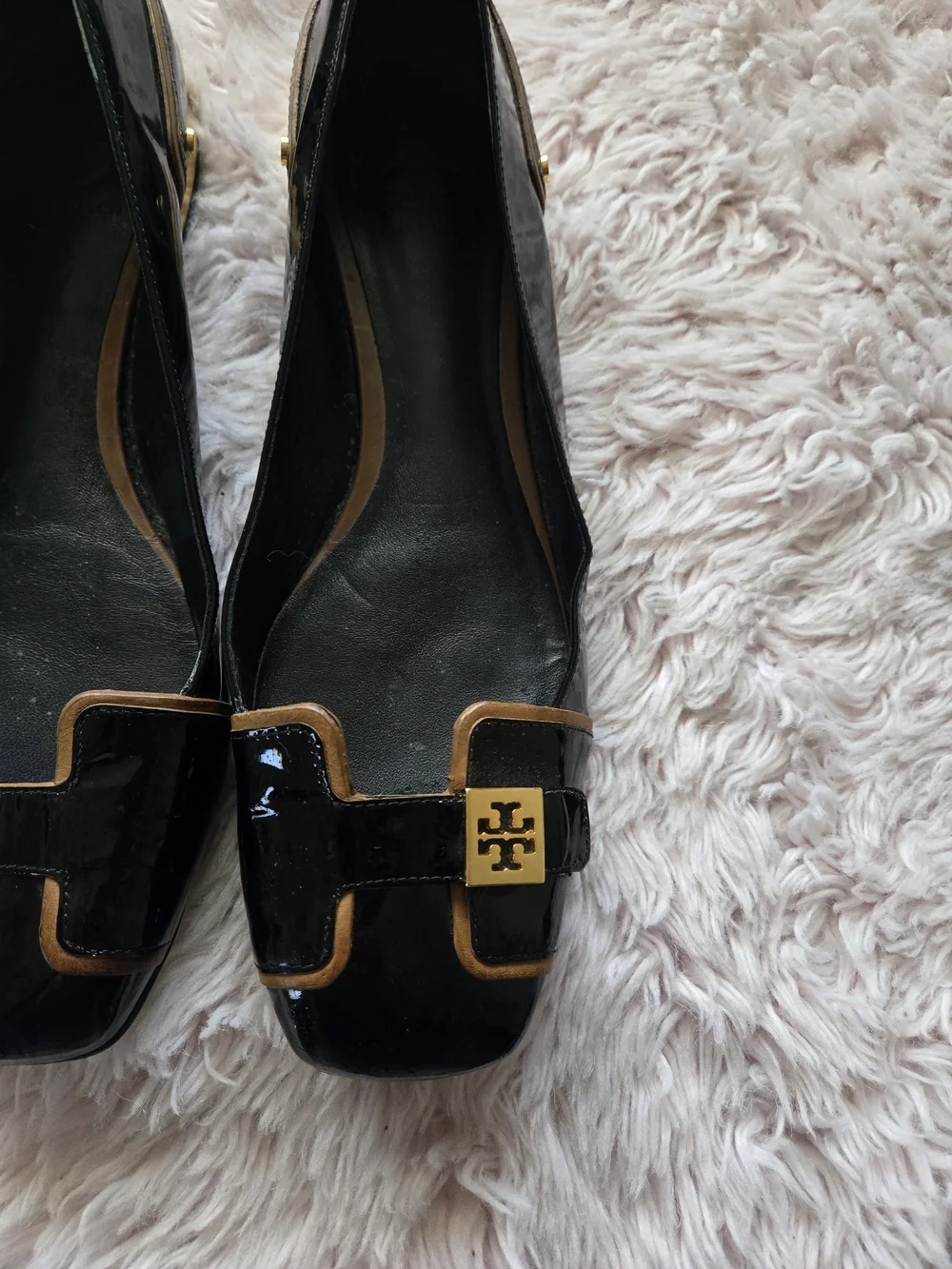 Tory Burch Black Patent Leather Square-Toe Logo Flats with Gold Trim